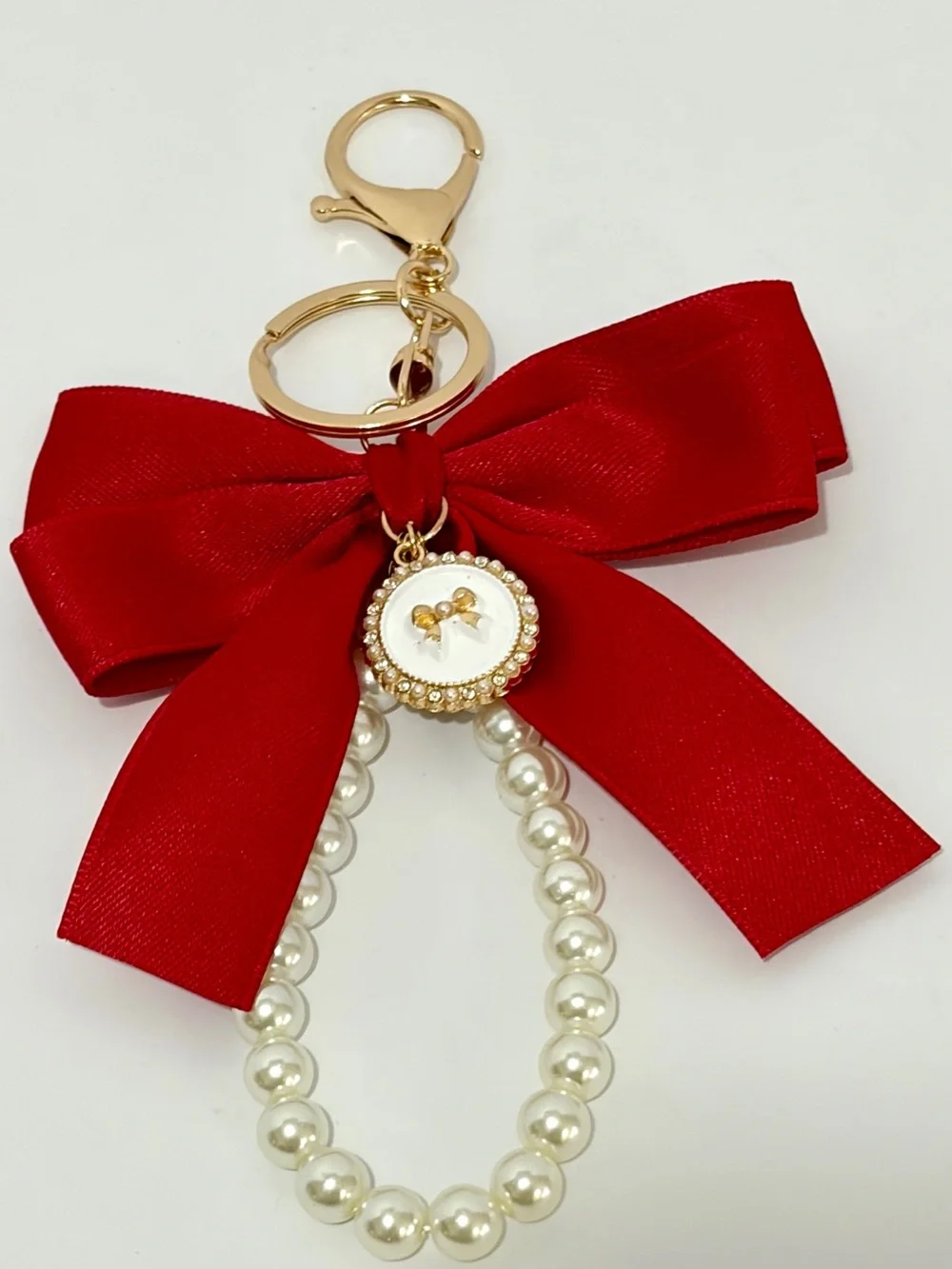 Red Bow & Pearl Charm Keyring/Bag Charm with Gold Medallion